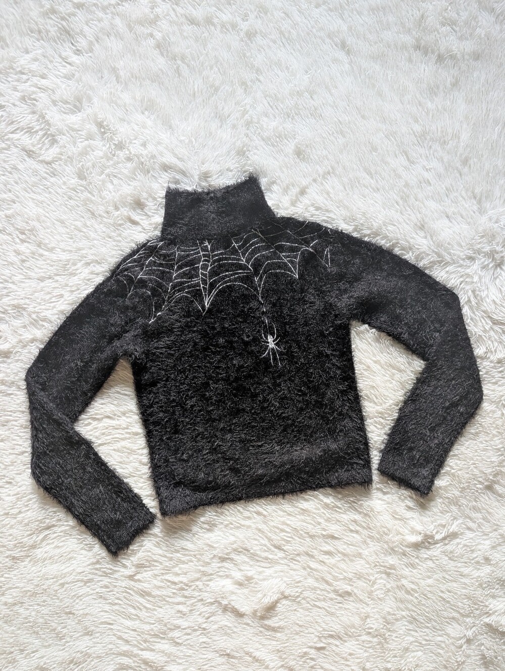 Dolls Kill Widow Fuzzy Spiderweb Black Eyelash Knit Mock Neck Sweater Large